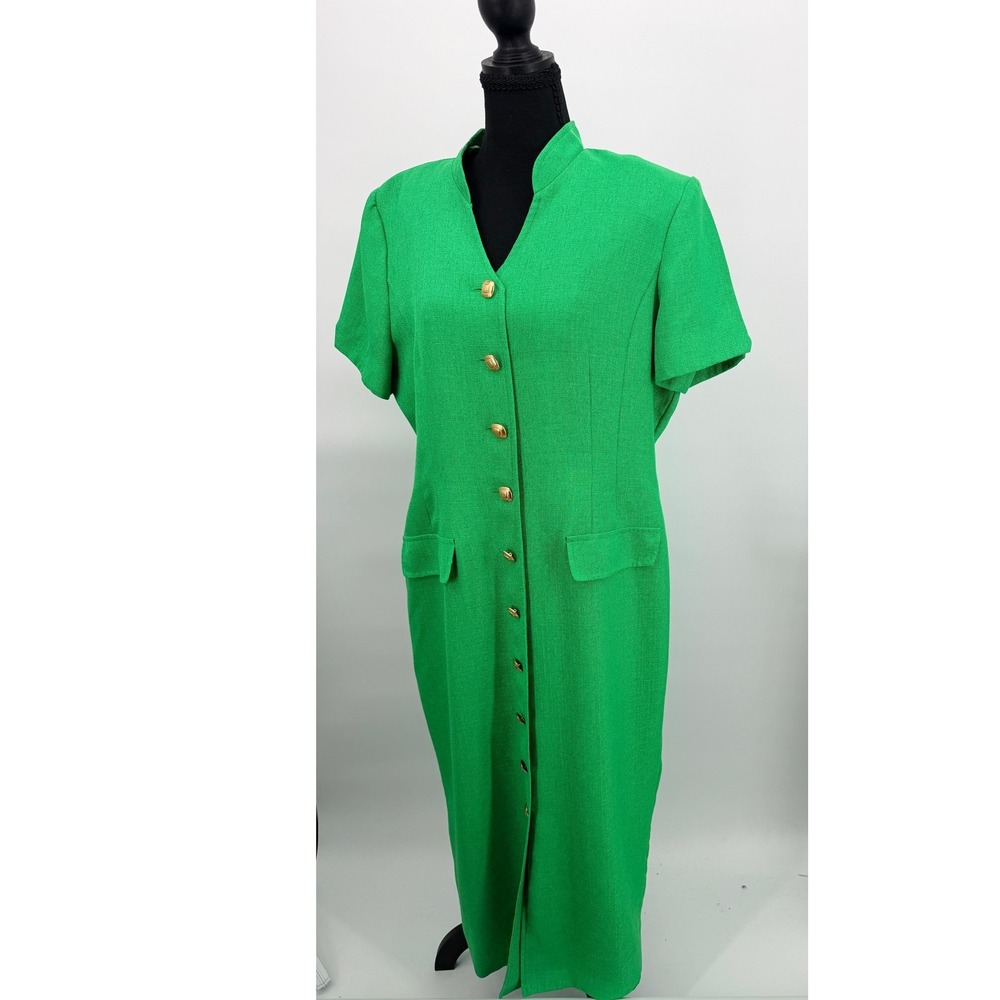 Vintage 90s Plaza South Sheath Dress Women 14 Green Gold Button Front Maxi